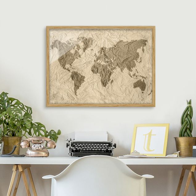 Affiches encadrées carte du monde Carte du Monde en Papier Beige Marron