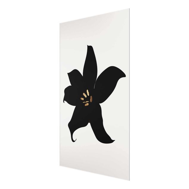Tableaux en verre noir et blanc Monde végétal graphique - Orchidée noire et or