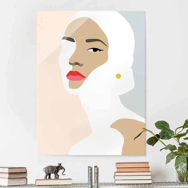 Tableaux en verre magnétique Line Art Portrait Femme Pastel Gris