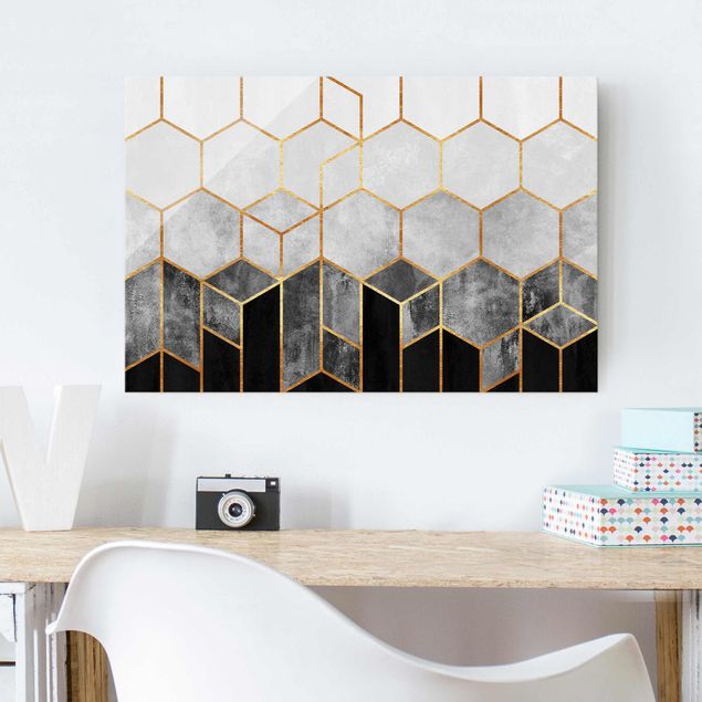 Tableau en verre - Golden Hexagons Black And White