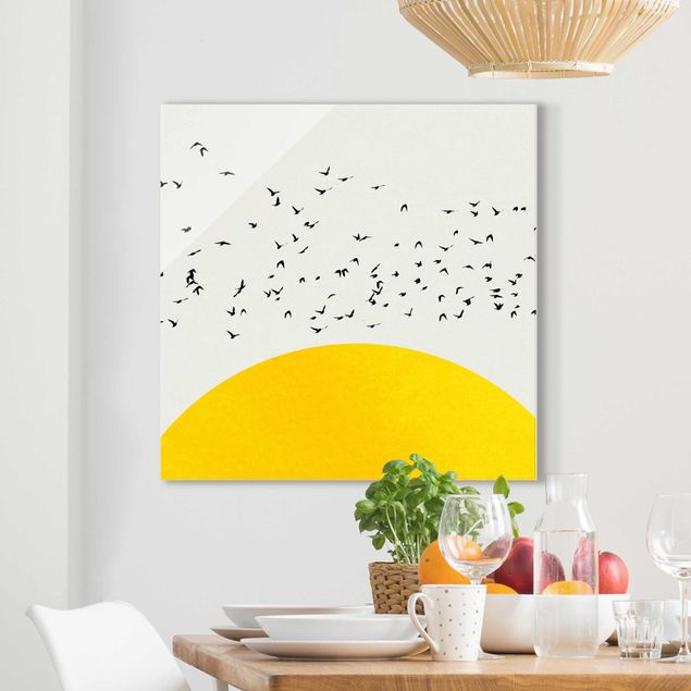 Tableau en verre - Flock Of Birds In Front Of Yellow Sun