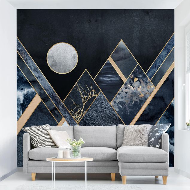 Tableaux de Elisabeth Fredriksson Lune dorée Montagnes noires abstraites
