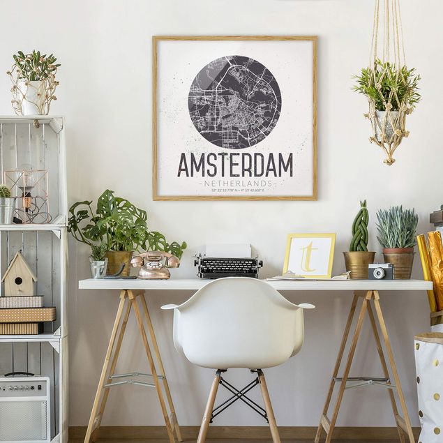 Tableaux encadrés mappemonde Plan de ville d'Amsterdam - Rétro