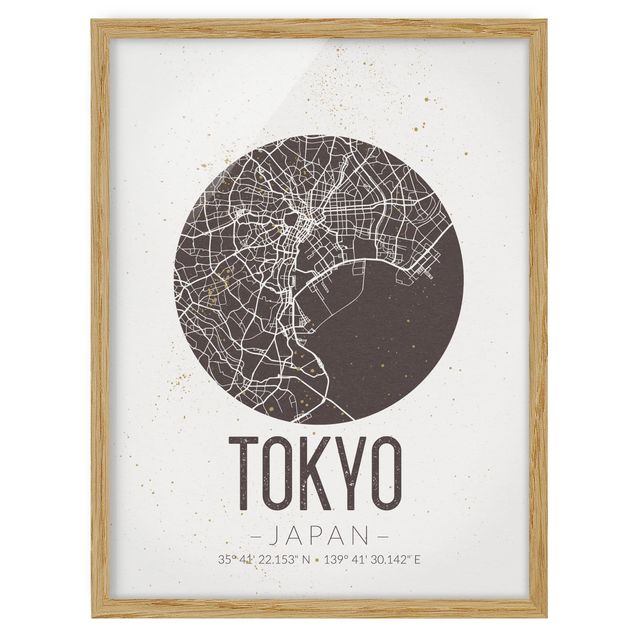 Tableaux encadrés mappemonde Plan de ville de Tokyo - Rétro