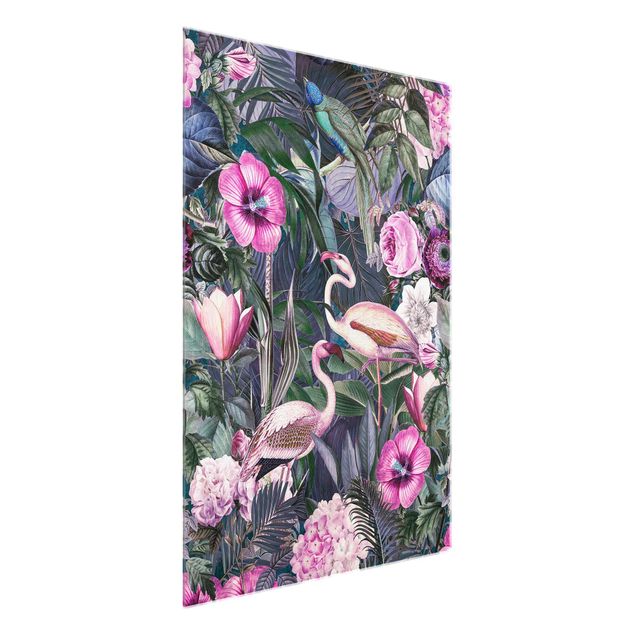 Tableaux en verre fleurs Collage coloré - Flamants roses dans la jungle