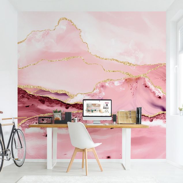 Déco murale cuisine Abstract Mountains Pink With Golden Lines