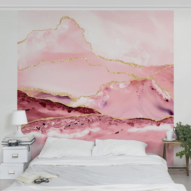 Papiers peints marbre Abstract Mountains Pink With Golden Lines