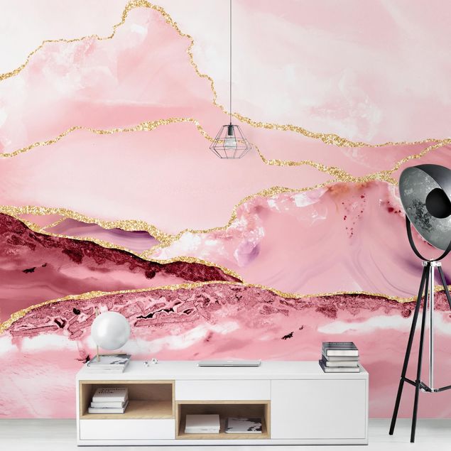 Papier peint montagnes Abstract Mountains Pink With Golden Lines