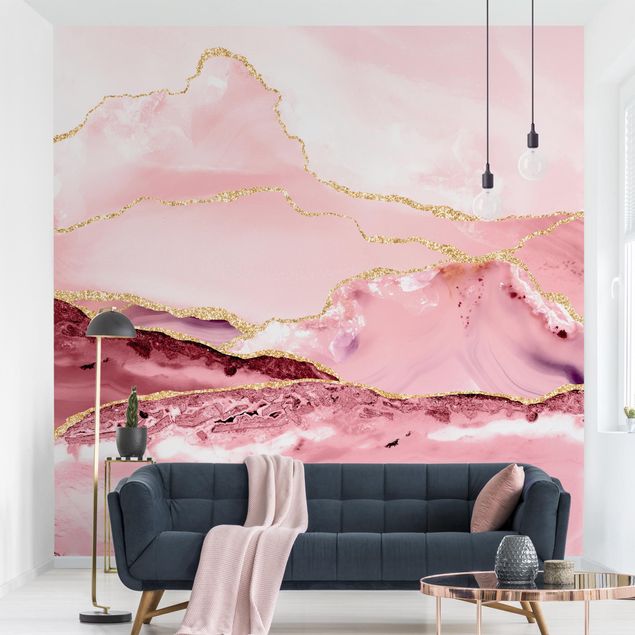 Papiers peints modernes Abstract Mountains Pink With Golden Lines