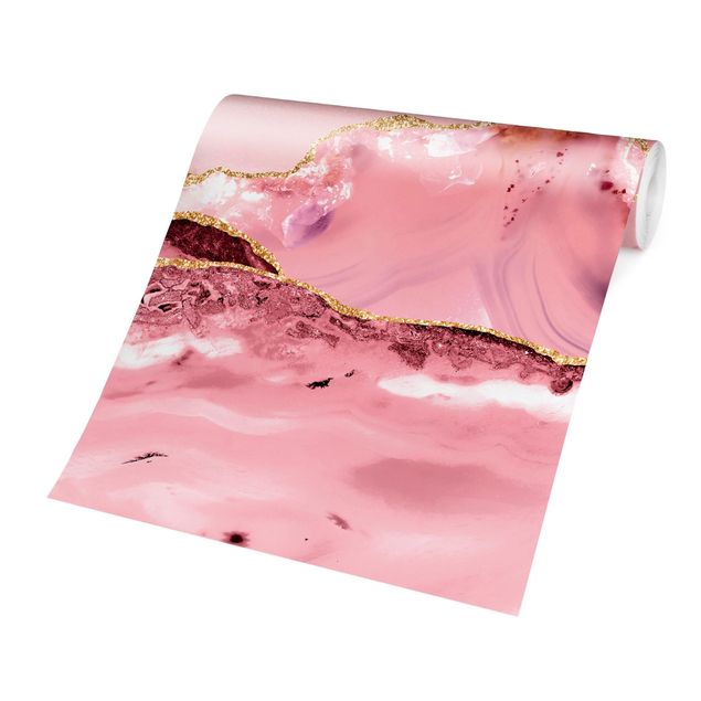 Papiers peints industriel Abstract Mountains Pink With Golden Lines