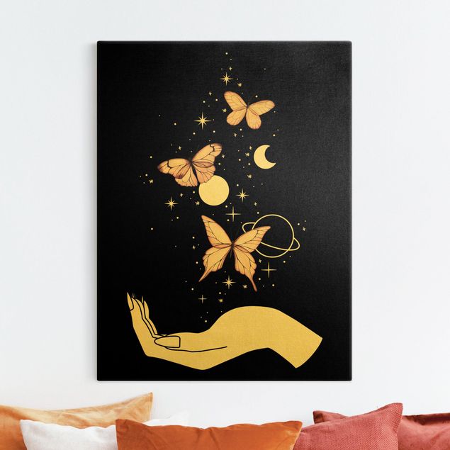 Tableau sur toile or - Magical Hand - Butterflies Pink