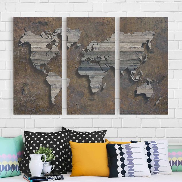 Tableaux modernes Carte du monde avec grille en bois