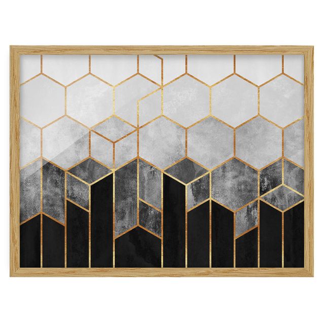 Tableau art abstrait Hexagones d'or noir et blanc