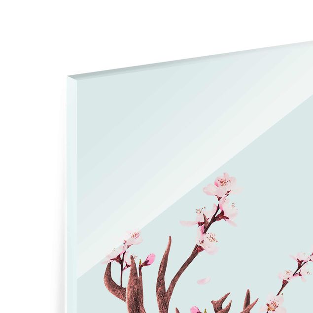 Tableau turquoise Cerf avec fleurs de cerisier