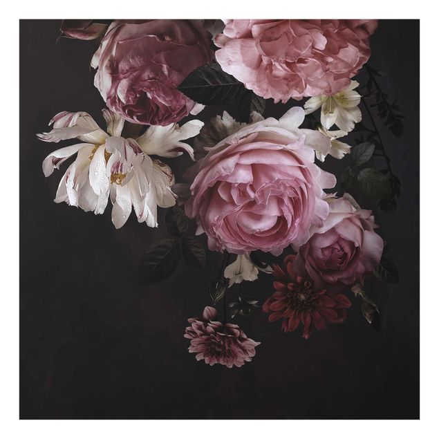 Tableau moderne Fleurs roses sur fond noir vintage