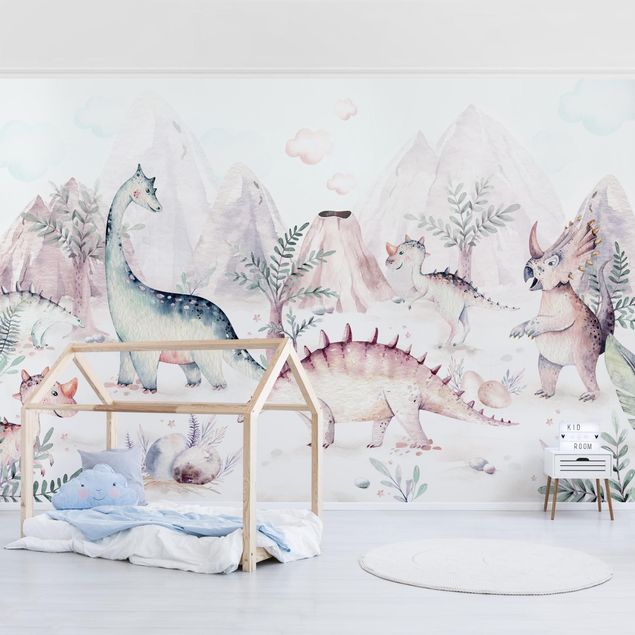 Papier peint animaux forêt Aquarelle - Le Monde Des Dinosaures