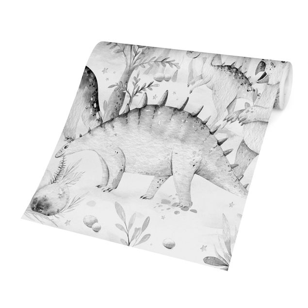 Papier peint panoramique Aquarelle - Monde des Dinosaures Noir et Blanc