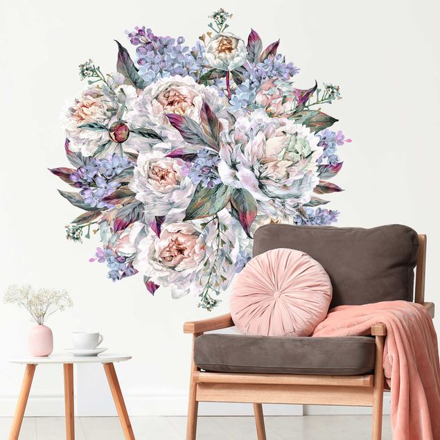 Déco mur cuisine Bouquet de pivoines lilas aquarellées XXL