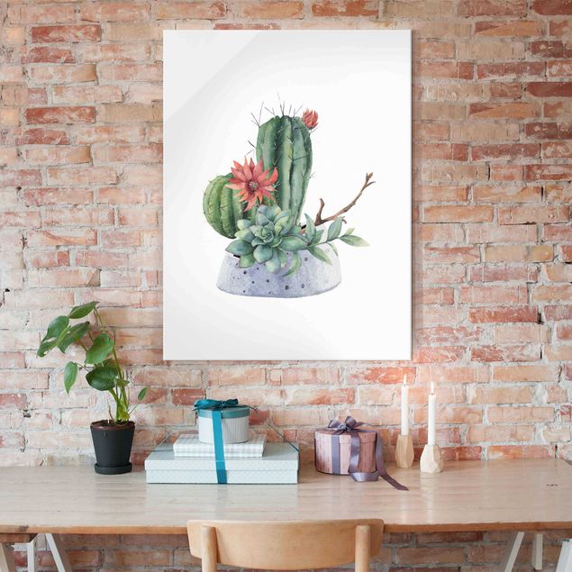 Tableaux en verre fleurs Illustration de cactus à l'aquarelle
