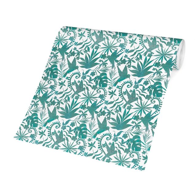 Papier peint turquoise Motif de silhouettes de colibris et de plantes en turquoise aquarelle