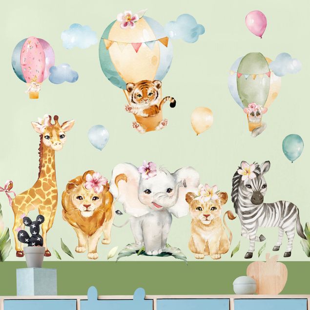Sticker mural elephant Lot d'animaux en montgolfière Safari aquarelle