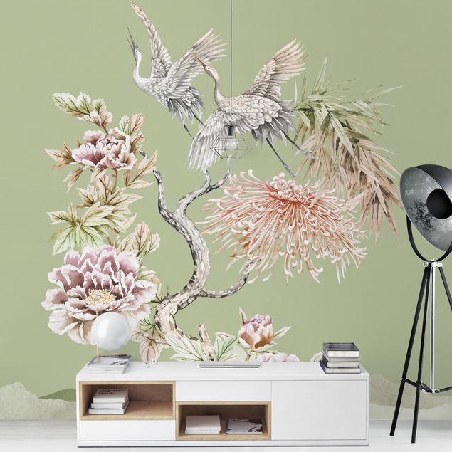 Papiers peints modernes Aquarelle - Cigognes en vol avec des fleurs sur un fond vert