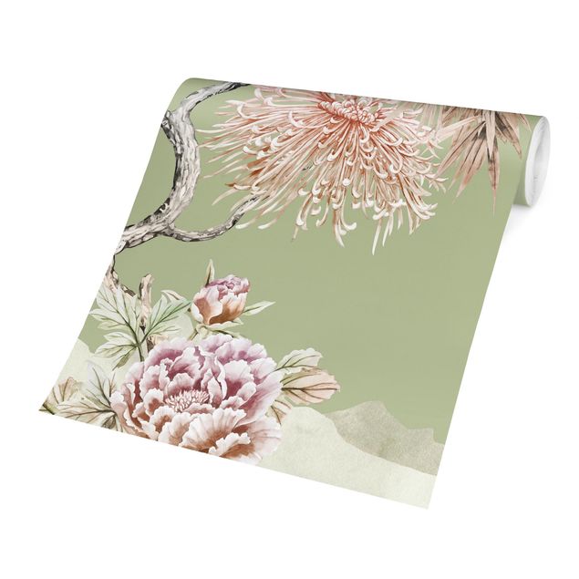 Papier peint floral Aquarelle - Cigognes en vol avec des fleurs sur un fond vert