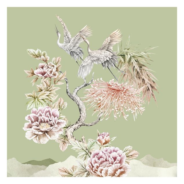 Papier peint animaux forêt Aquarelle - Cigognes en vol avec des fleurs sur un fond vert