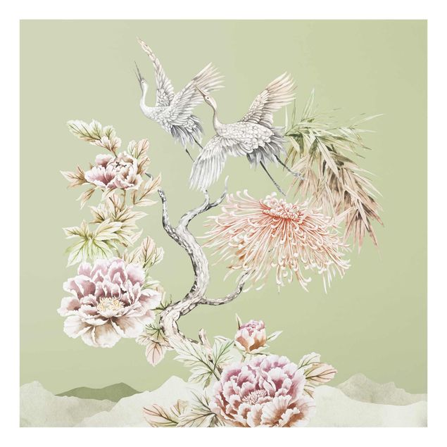 Tableaux fleurs Aquarelle - Cigognes en vol avec des fleurs sur un fond vert