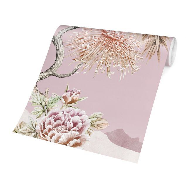 papier peint fleuri Aquarelle - Cigognes en vol avec des fleurs roses