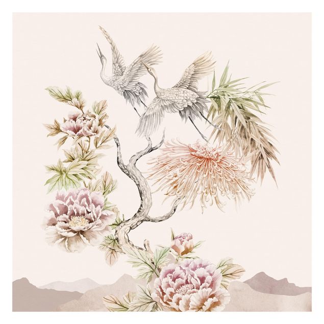 Papier peint animaux forêt Aquarelle - Cigognes en vol avec des fleurs