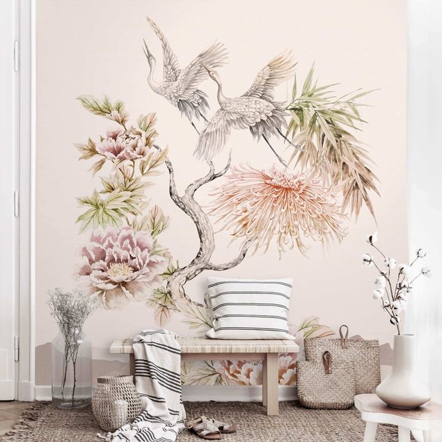 Déco murale cuisine Aquarelle - Cigognes en vol avec des fleurs