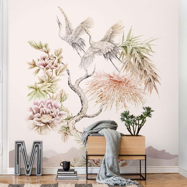 Papiers peints oiseaux Aquarelle - Cigognes en vol avec des fleurs