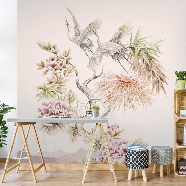 Papiers peints modernes Aquarelle - Cigognes en vol avec des fleurs
