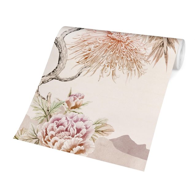 Papier peint floral Aquarelle - Cigognes en vol avec des fleurs