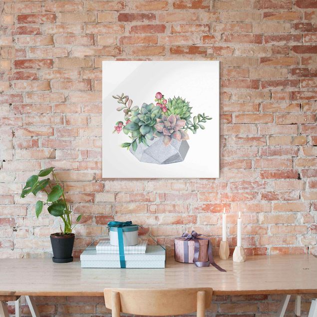 Tableaux en verre fleurs Illustration de succulents à l'aquarelle