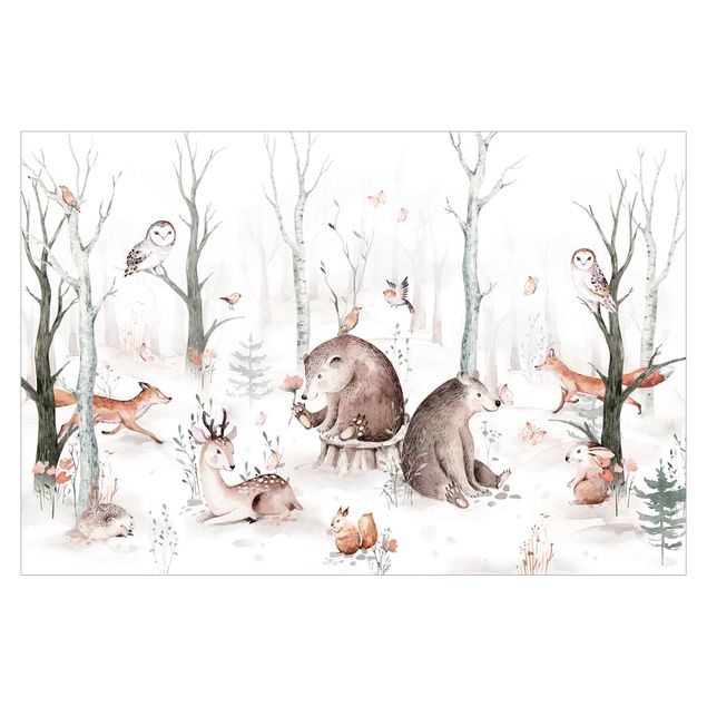 Papier peint marron Amis des animaux de la forêt à l'aquarelle