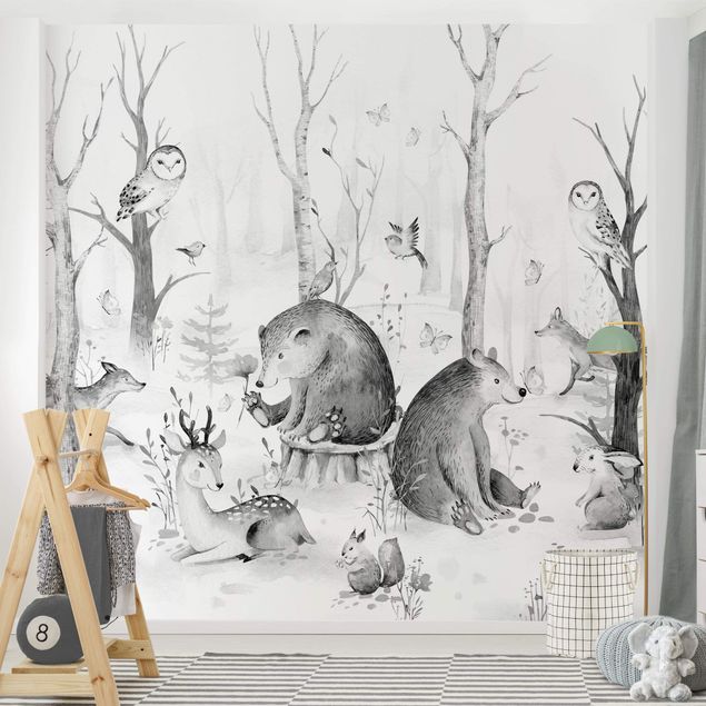 Décoration chambre bébé Aquarelle - Forêt amis des animaux noir et blanc