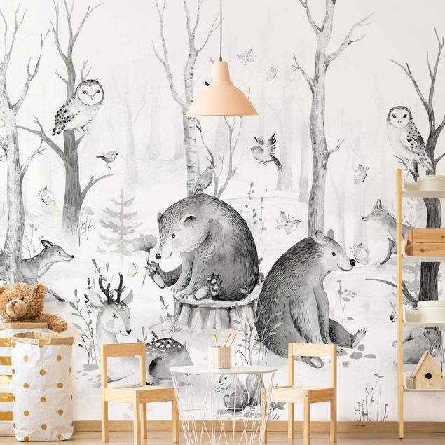 Papiers peints modernes Aquarelle - Forêt amis des animaux noir et blanc