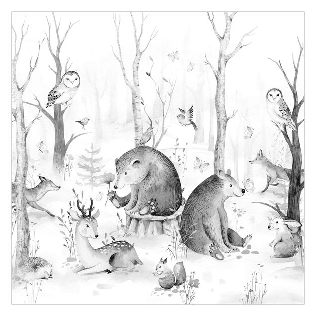 tapisserie panoramique Aquarelle - Forêt amis des animaux noir et blanc