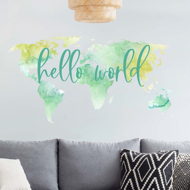 Déco mur cuisine Aquarelle carte du monde turquoise avec texte personnalisé
