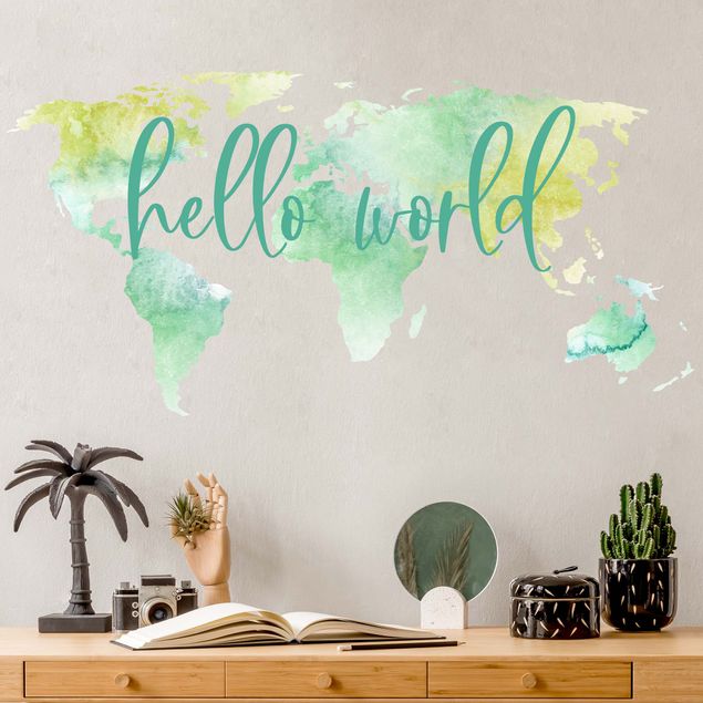 Stickers muraux phrase Aquarelle carte du monde turquoise avec texte personnalisé