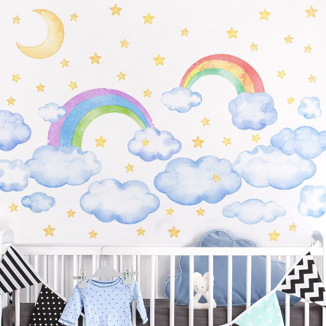 Déco chambre enfant Lot aquarelle nuages arc-en-ciel étoiles