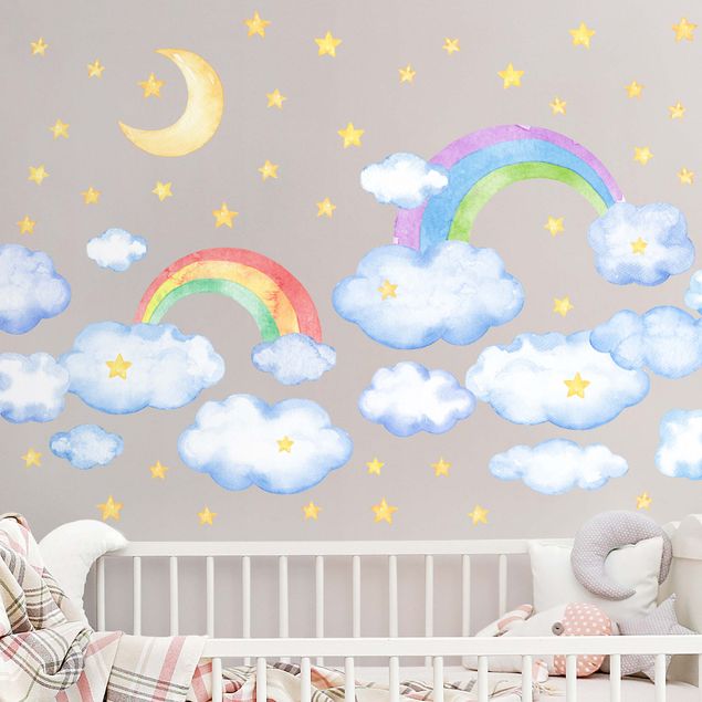 Stickers muraux arc en ciel geant Lot aquarelle nuages arc-en-ciel étoiles