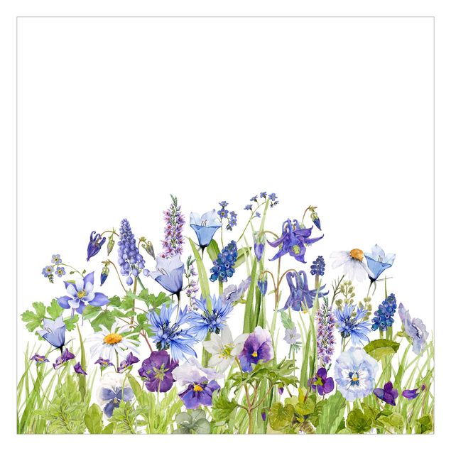 Papier peint panoramique Aquarelle - Champ fleuri en bleu