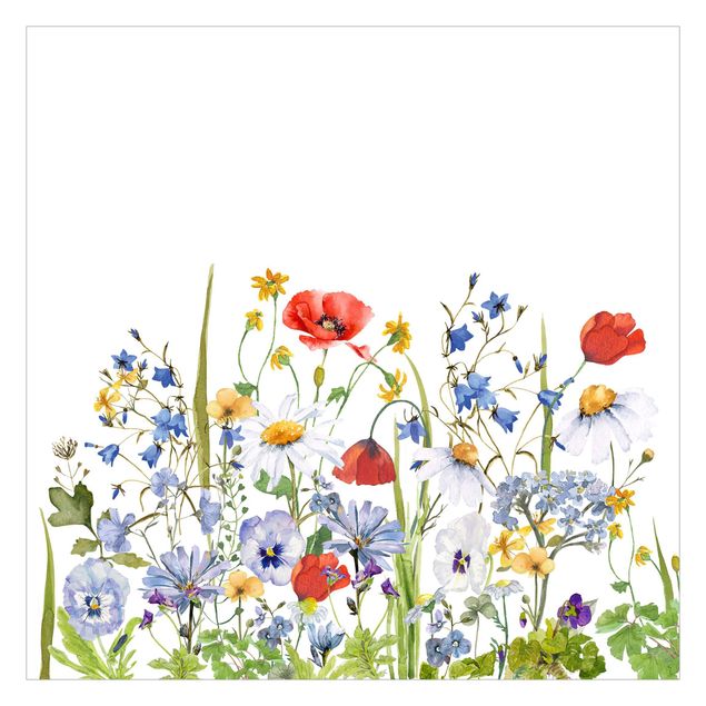 tapisserie panoramique Aquarelle - Champ fleuri avec coquelicots