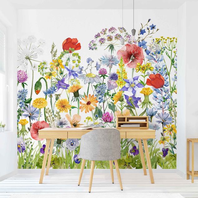 Tapisserie moderne Prairie de fleurs à l'aquarelle