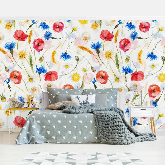 Déco mur cuisine Fleurs sauvages avec coquelicots aquarelle