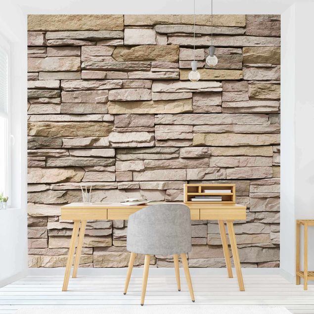 Papier peint moellon Mur de pierre asiatique - Mur de pierre fait de grandes pierres claires