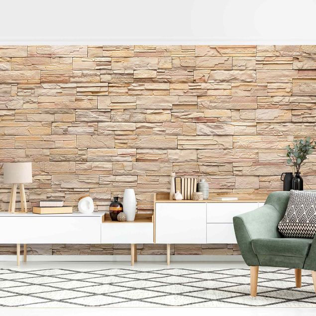 Papier peint imitation pierre naturelle Mur de pierre asiatique - Mur de pierre très lumineux fait de pierres confortables
